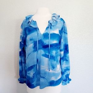Sioni Blouse Blue Sky Print w/Ruffle Neckline Size XL